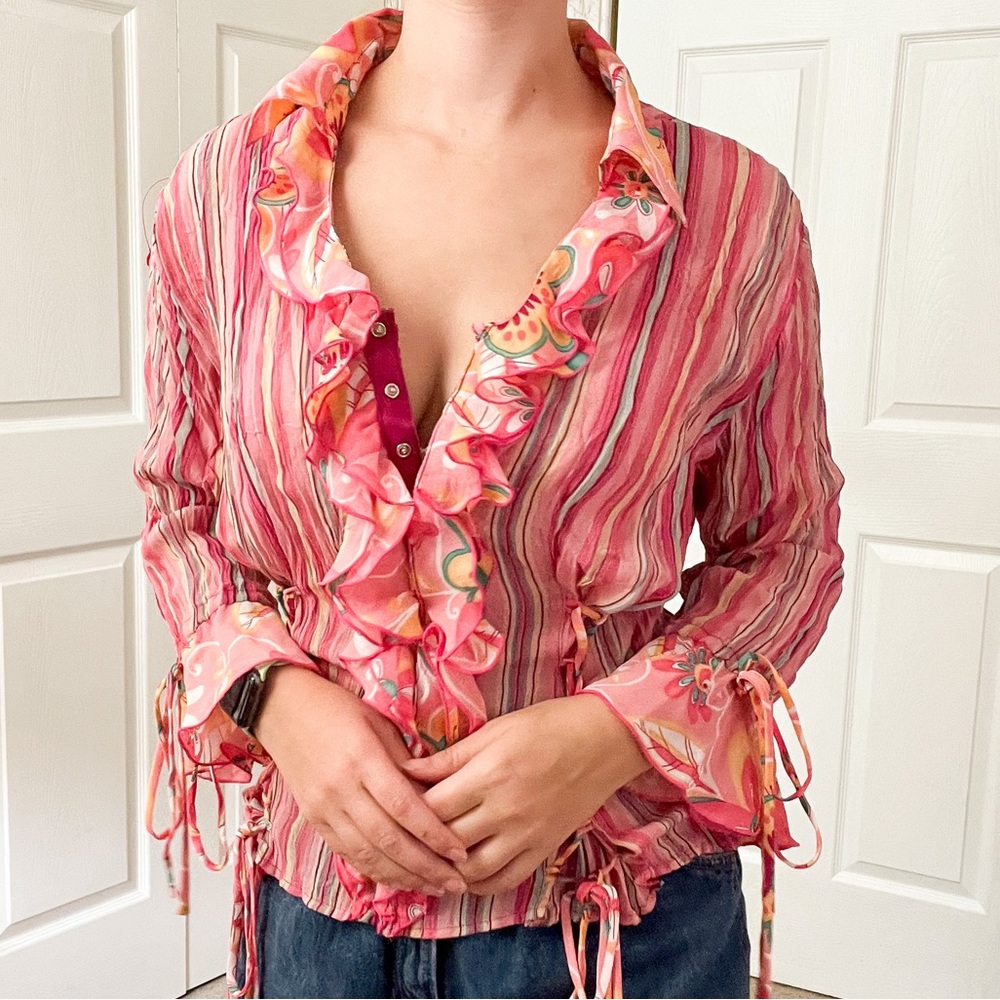 Vintage 💞 Size Large Women’s Y2K Blouse Funky Pattern Hot Pink Yellow Blue